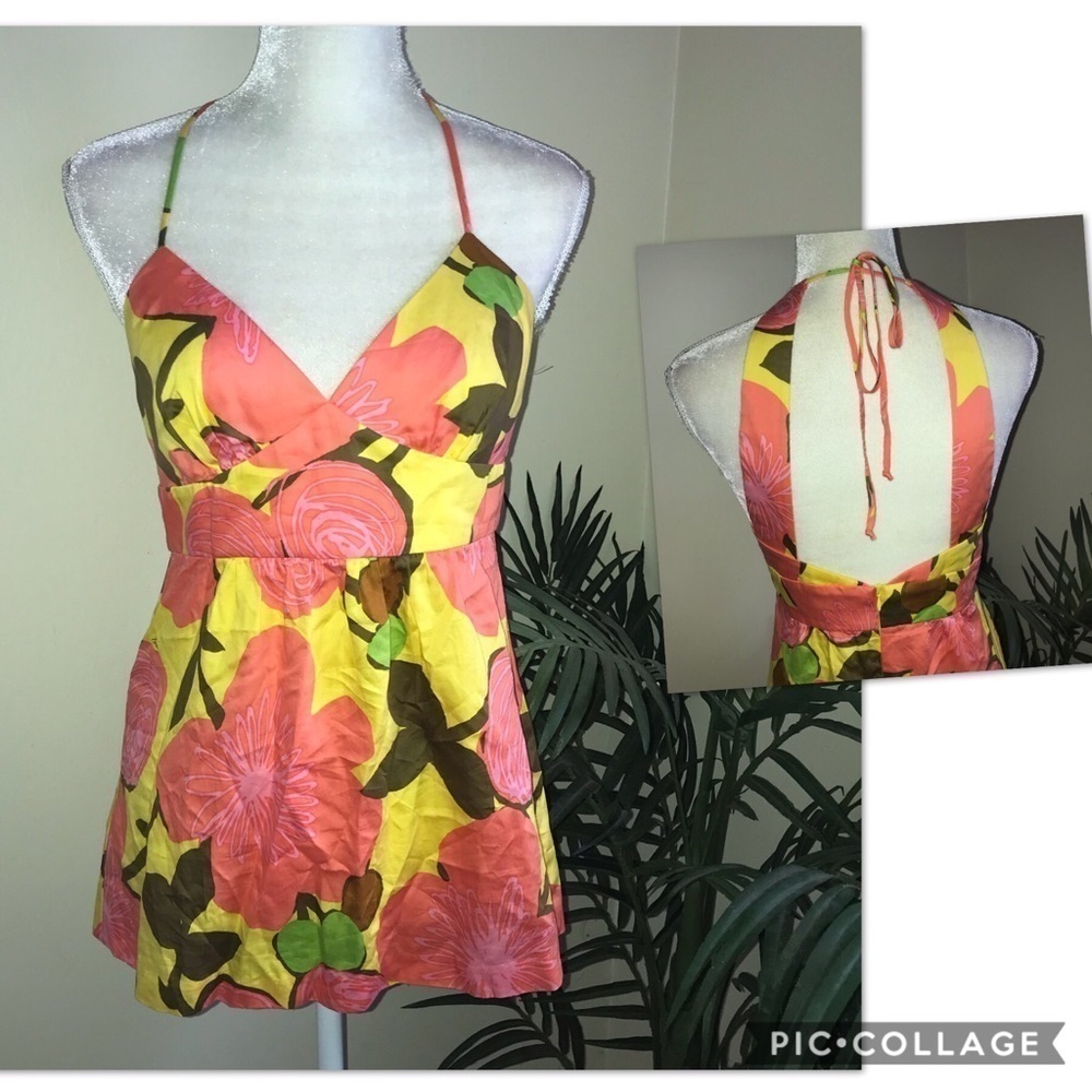 Trina Turk Floral Cotton modified Halter Women Tank* 6 Orange Coral Yellow Green